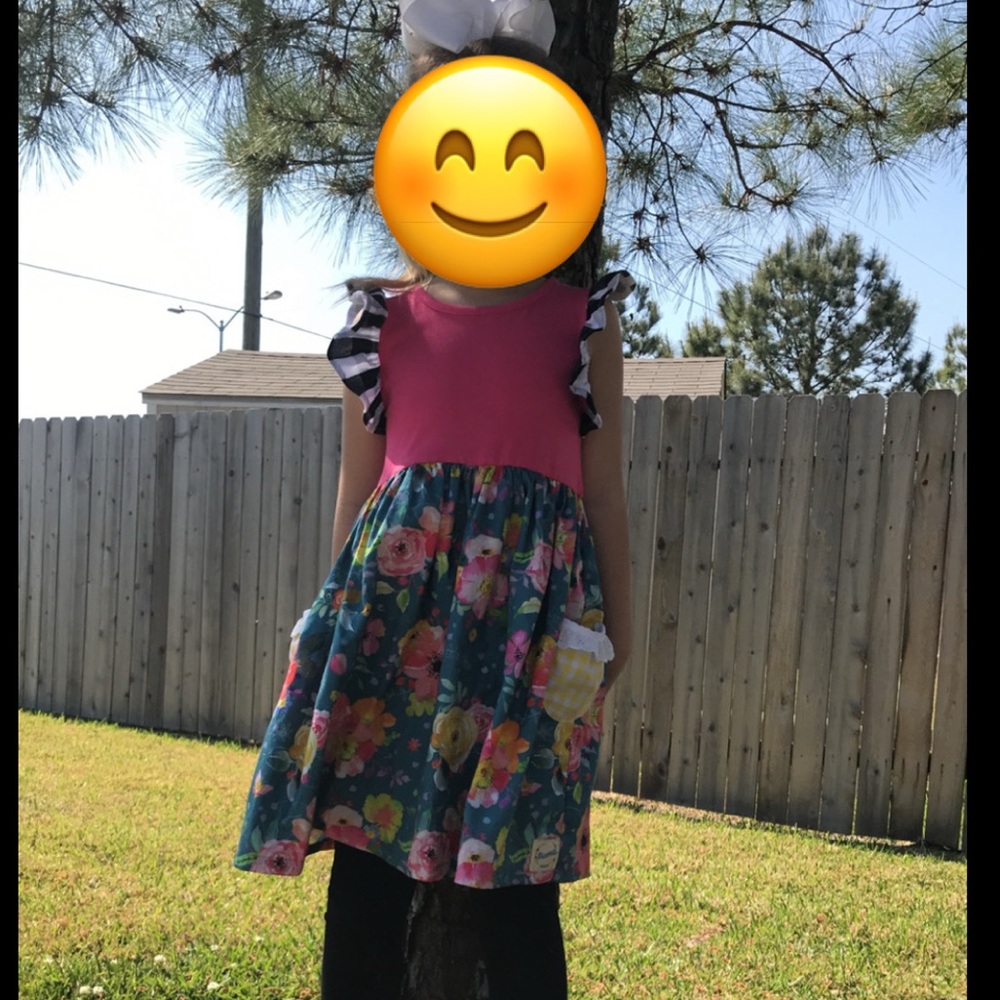 Handmade Flowermill Kids floral Dress in Pink and Blue with matching doll dress